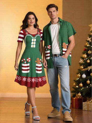 Christmas Gingerbread Candy Pockets Print Plus Size Matching Outfit For Couples - GREEN