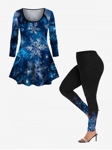 Christmas Snowflake Glitter Galaxy Print Long Sleeves T-shirt and Leggings Plus Size Matching Set - BLUE