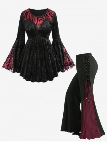 Appliques Lace Trim Flocked Flowers Bell Sleeves T-shirt and Lace-up Pleated Flare Pants Plus Size Outfit - BLACK