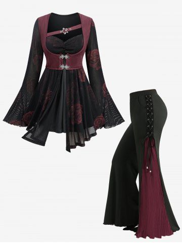 Rose Print Mesh Flare Sleeves 2 In 1 Top and Lace Up Pleated Patchwork Flare Pants Plus Size Outfit - BLACK