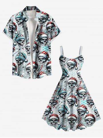 Christmas Hat Light Skulls Candy Snowflake Print Plus Size Matching Outfit For Couples - LIGHT GRAY