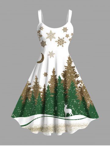 Plus Size Christmas Tree Snowflake Moon Elk Print Tank Dress - WHITE - S