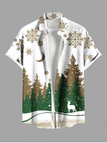 Plus Size Christmas Tree Snowflake Moon Elk Print Buttons Pocket Shirt For Men - GREEN - 6XL