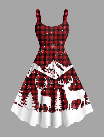 Plus Size Christmas Tree Elk Snowflake Mountain Plaid Print Tank Dress - RED - 6X