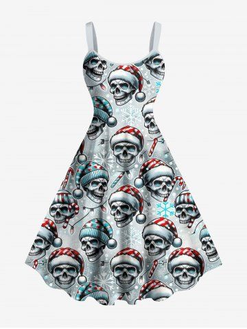 Plus Size Christmas Hat Light Skulls Candy Snowflake Print Tank Dress - LIGHT GRAY - 6X