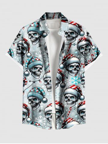 Plus Size Christmas Hat Light Skulls Candy Snowflake Print Buttons Pocket Shirt For Men - LIGHT GRAY - 2XL