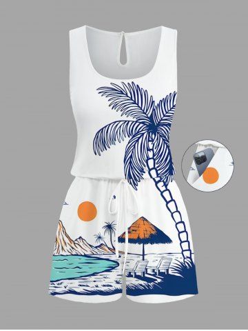 Plus Size Coconut Tree Sun Mountain Seascape Print Cinched Hawaii Romper - WHITE - 5X