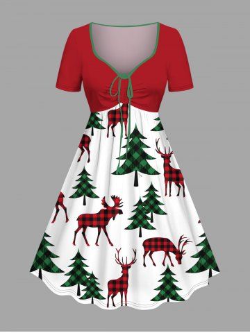 Plus Size Christmas Tree Elk Plaid Print Cinched Dress - RED - 6X