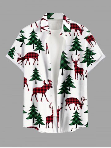 Plus Size Christmas Tree Elk Plaid Print Buttons Pocket Shirt For Men - WHITE - 6XL