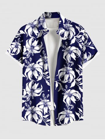 Plus Size Hibiscus Flowers Leaf Print Buttons Pocket Hawaii Shirt For Men - NAVY BLUE - 3XL
