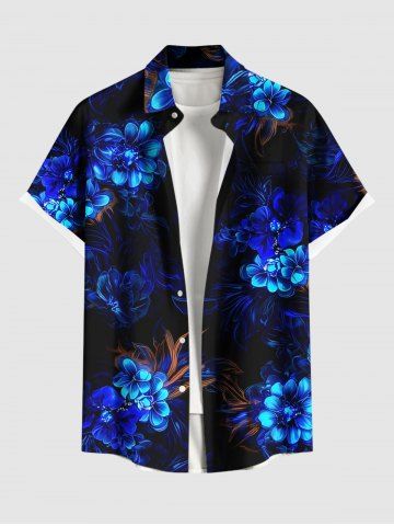 Plus Size Flowers Leaf Glitter 3D Print Buttons Pocket Hawaii Shirt For Men - BLACK - 3XL