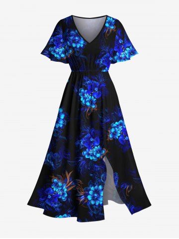Plus Size Flowers Leaf Glitter 3D Print Split Hawaii Midi Dress - BLACK - 1X