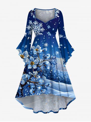Plus Size Christmas Snowflake Flower Branch Ombre Sky Print Ruched High Low Asymmetric Dress - SKY BLUE - 5X