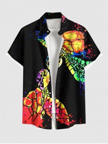 Plus Size Colorful Turtle Print Hawaii Sea Creatures Button Pocket Shirt For Men - BLACK - 6XL
