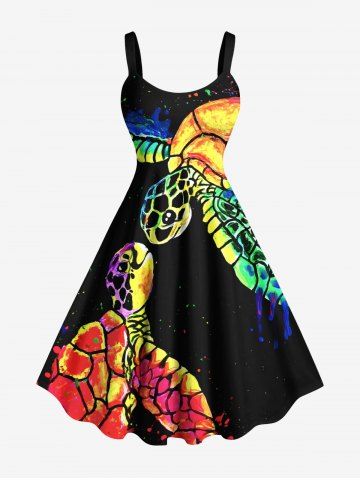 Plus Size Colorful Turtle Print Hawaii Sea Creatures A Line Dress - BLACK - XXS