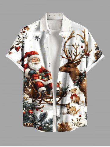 Plus Size Christmas Tree Elk Snowflake Santa Claus Print Button Pocket Shirt For Men - WHITE - 6XL