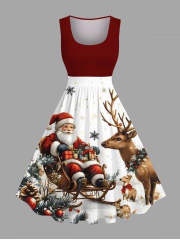 Plus Size Christmas Tree Elk Snowflake Santa Claus Print Vintage Swing A Line Dress - RED - 6X