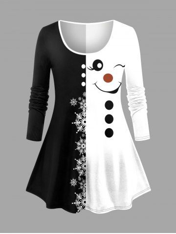 Plus Size Christmas Snowman Snowflake Colorblock Print Long Sleeves T-shirt - BLACK - XS