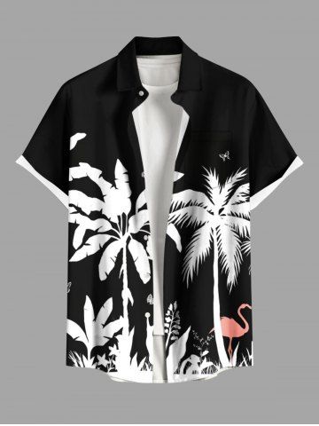 Plus Size Coconut Tree Tropical Leaf Flamingo Butterfly Print Hawaii Button Pocket Shirt For Men - BLACK - XL