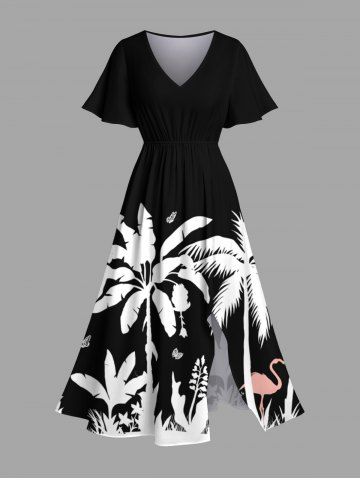 Plus Size Coconut Tree Tropical Leaf Flamingo Butterfly Print Hawaii Split Pocket A Line Midi Dress - BLACK - XXS