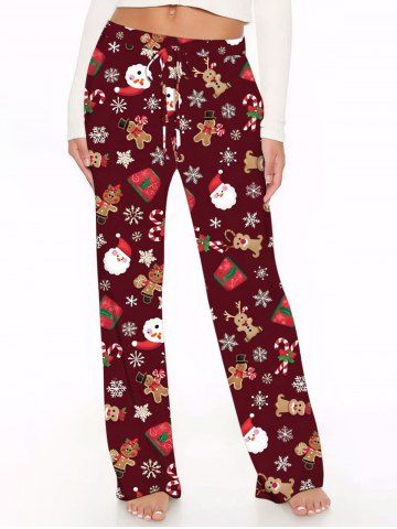 Plus Size Christmas Santa Claus Snowflake Gingerbread Candy Print Drawstring Wide Leg Pants - RED - 6X