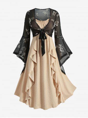 Plus Size Ruffles Ruched Plisse Cami Dress With Rose Flower Leaf Print Mesh Flare Sleeves Top - LIGHT BROWN - 4X | US 26-28