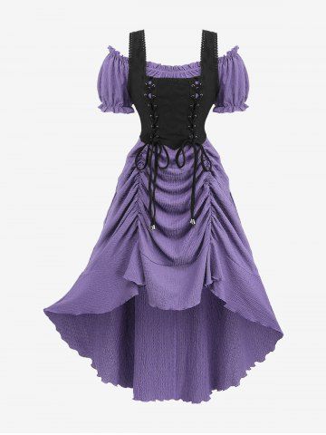 Robe midi en crêpe style Renaissance médiévale grande taille, à lacets, volants et fronces, coupe asymétrique. - LAVENDER PURPLE - L | US 12
