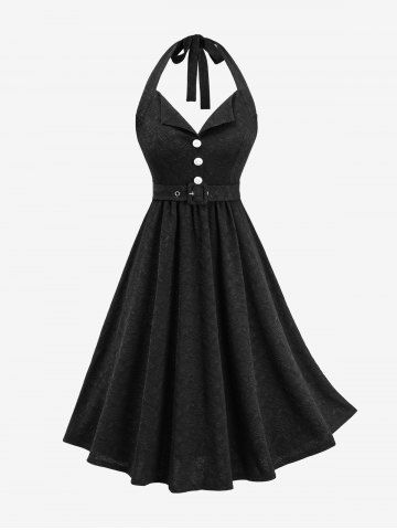 Plus Size Rose Flower Jacquard Buttons A Line Halter Dress with Removable Belt - BLACK - 5X | US 30-32