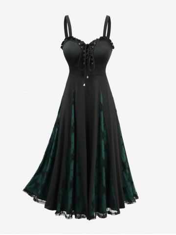 Plus Size Flower Embroidery Lace Patchwork Lace-up A Line Dress - BLACK - 5X | US 30-32