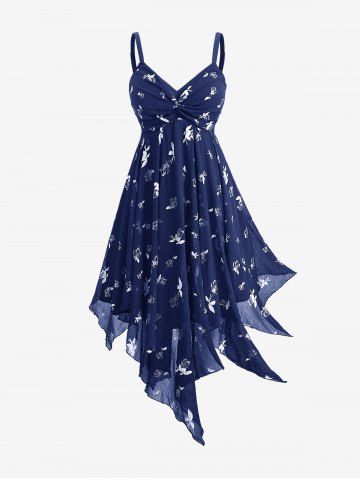 Robe débardeur asymétrique grande taille à imprimé floral doré et froncée, dos nu, coupe trapèze (bretelles réglables) - DEEP BLUE - 1X | US 14-16