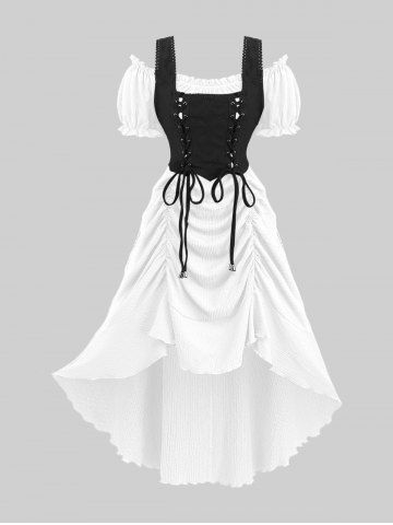 Robe midi en crêpe style Renaissance médiévale grande taille, à lacets, volants et fronces, coupe asymétrique. - WHITE - 3X | US 22-24