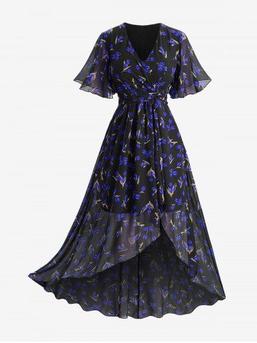 Plus Size Flowers Print Ruffles Surplice Tulip Hem Chiffon Dress - INDIGO COLOR - 5X | US 30-32