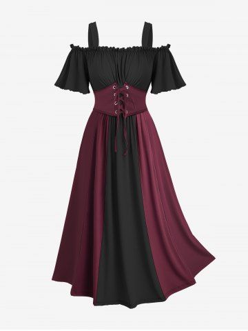 Plus Size Medieval Renaissance Cold Shoulder Ruched Ruffles Colorblock Lace Up Belted Vintage Corset A Line Dress - RED WINE - 2X | US 18-20