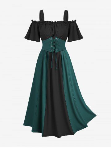 Robe vintage grande taille style Renaissance médiévale à épaules dénudées, fronces et volants, laçage coloré et ceinture corset trapèze - DARK TURQUOISE - 1X | US 14-16