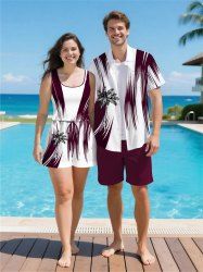 Matching Hawaii Shirt and Romper Plus Size Beach Outfit Coconut Tree Printed for Couples -  