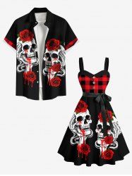 Skull Bloody Rose Flower Print Plus Size Matching Outfit For Couples -  