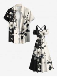 Distressed Flower Leaf Branch Ombre Colorblock Print Plus Size Matching Hawaii Beach Outfit For Couples -  