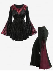 Appliques Lace Trim Flocked Flowers Bell Sleeves T-shirt and Lace-up Pleated Flare Pants Plus Size Outfit -  