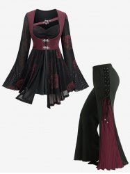 Rose Print Mesh Flare Sleeves 2 In 1 Top and Lace Up Pleated Patchwork Flare Pants Plus Size Outfit -  