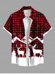 Plus Size Christmas Tree Elk Snowflake Mountain Plaid Print Buttons Pocket Shirt For Men -  