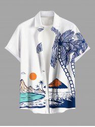 Chemise hawaïenne grande taille à imprimé cocotiers, soleil, montagne, paysage marin, boutons et poches pour homme - Blanc 2XL