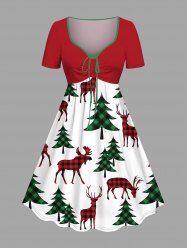 Plus Size Christmas Tree Elk Plaid Print Cinched Dress -  