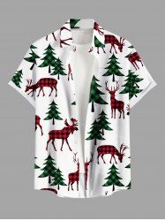 Plus Size Christmas Tree Elk Plaid Print Buttons Pocket Shirt For Men -  