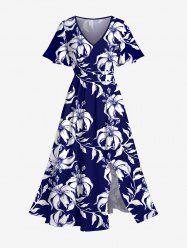 Robe mi-longue hawaïenne fendue à imprimé feuilles et fleurs d'hibiscus grande taille - Bleu Marine XXS