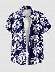 Plus Size Hibiscus Flowers Leaf Print Buttons Pocket Hawaii Shirt For Men -  