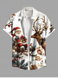 Plus Size Christmas Tree Elk Snowflake Santa Claus Print Button Pocket Shirt For Men -  
