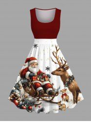 Plus Size Christmas Tree Elk Snowflake Santa Claus Print Vintage Swing A Line Dress -  