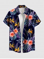 Chemise hawaïenne grande taille à imprimé feuilles tropicales et fleurs d'hibiscus ombré avec poches boutonnées pour homme - Noir 3XL