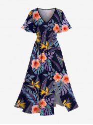 Plus Size Ombre Tropical Leaf Hibiscus Flower Print Hawaii Split Pocket A Line Midi Dress -  