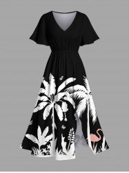 Plus Size Coconut Tree Tropical Leaf Flamingo Butterfly Print Hawaii Split Pocket A Line Midi Dress -  